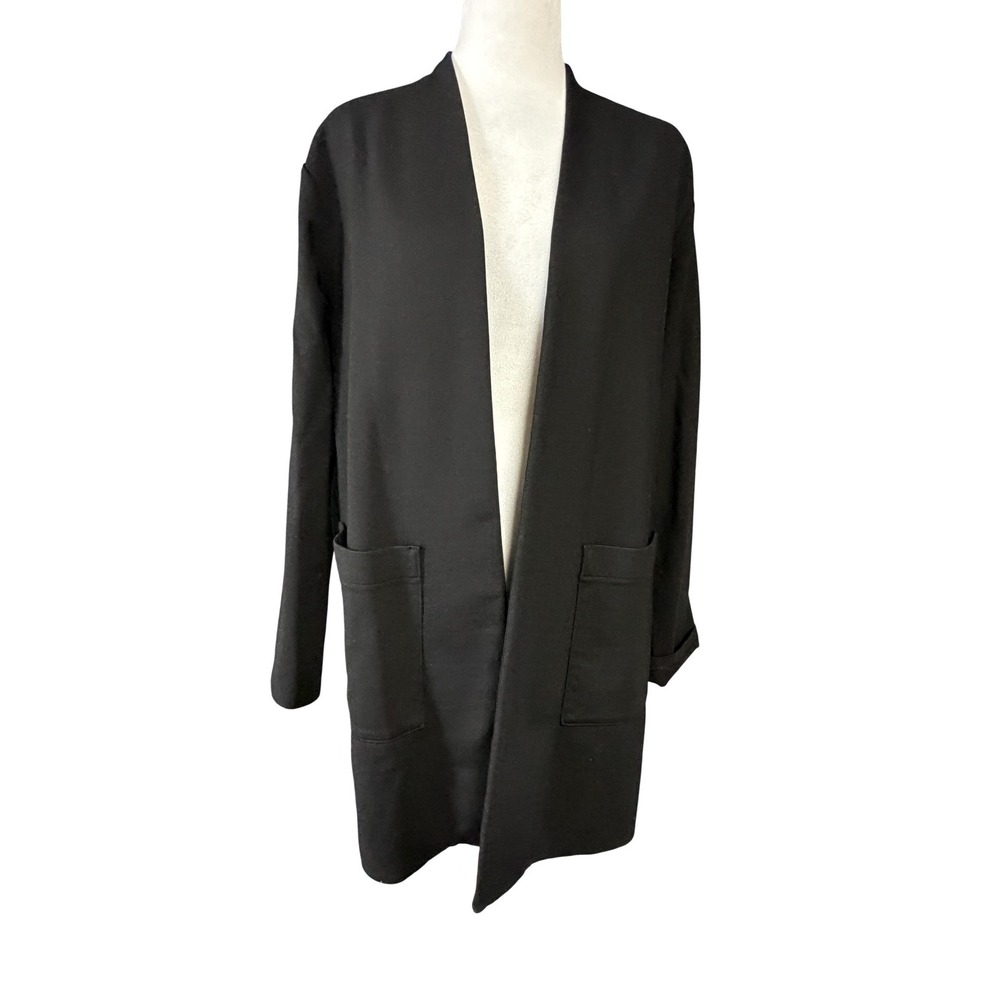 Eileen Fisher Jacket Womens Large Black Lyocell Knit Open Front Relaxed Pockets